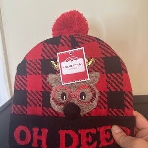 Holiday Time Women's Holiday Beanie Hat Oh Deer! Reindeer Red Black Plaid NEW